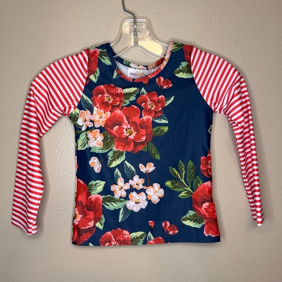 Oopsie Daisy Youth Floral & Striped Swimming Rashguard Shirt Size 6 Red Blue - Picture 1 of 5